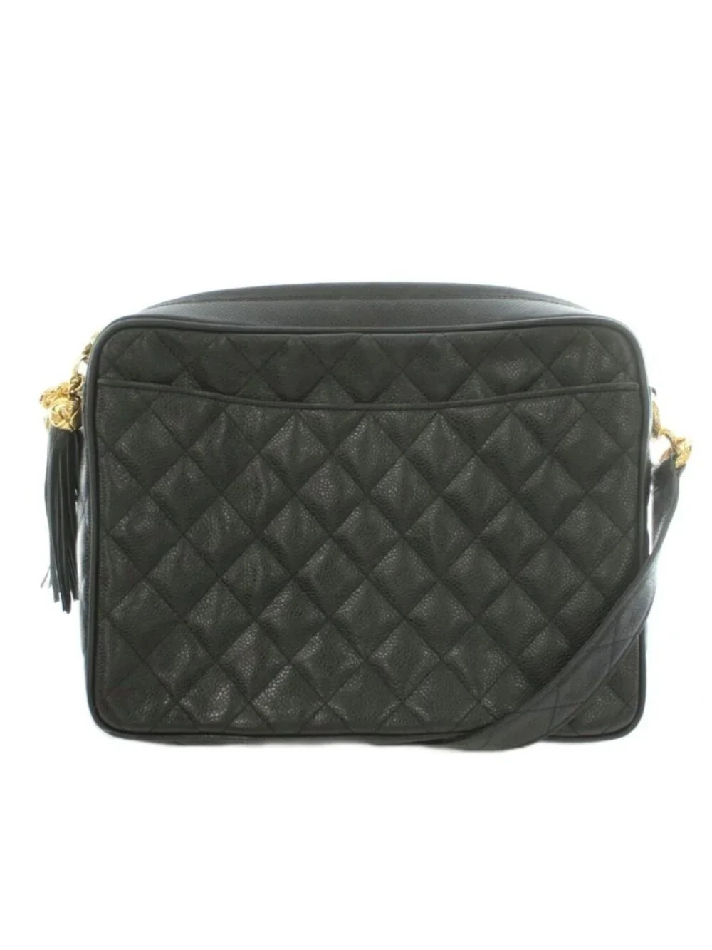 Chanel Quilted Caviar Leather Shoulder Bag CC Logo Tassel Number 2 Black Gold